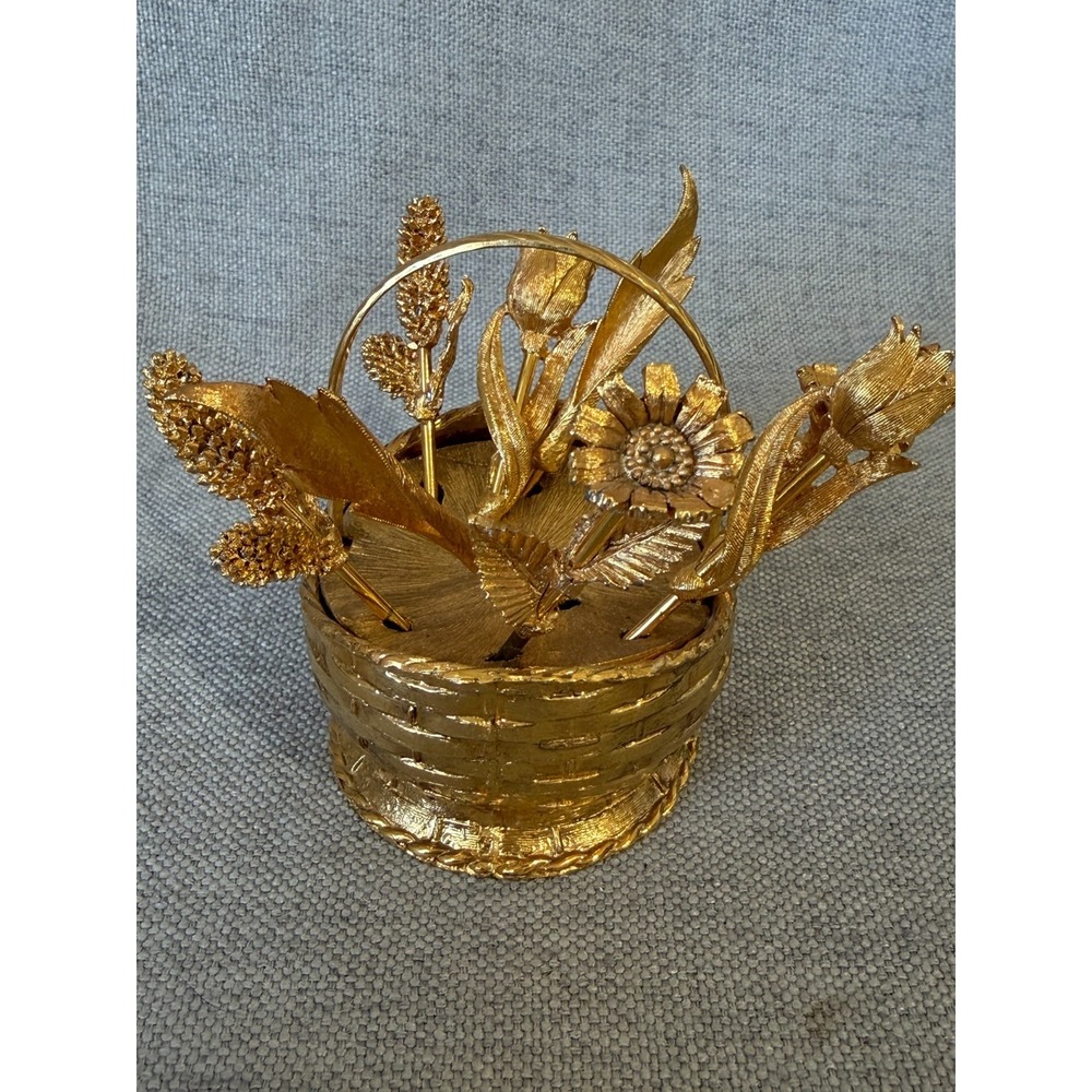 Vintage Hollywood Regency Mid‎ Century Gold Floral 10 Cocktail Forks In Basket